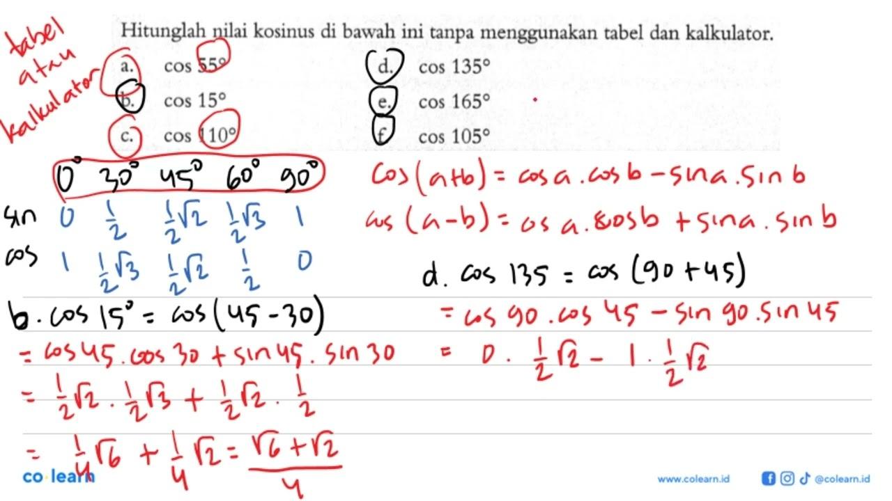 Hitunglah nilai kosinus di bawah ini tanpa menggunakan