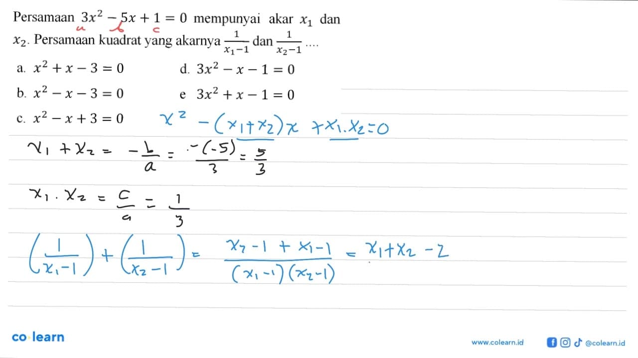 Persamaan 3x^2 - 5x + 1 = 0 mempunyai akar x1 dan x2.