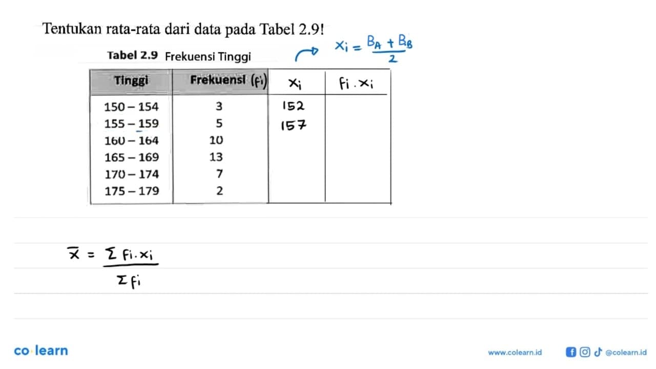 Tentukan rata-rata dari data pada Tabel 2.9! Tabel 2.9