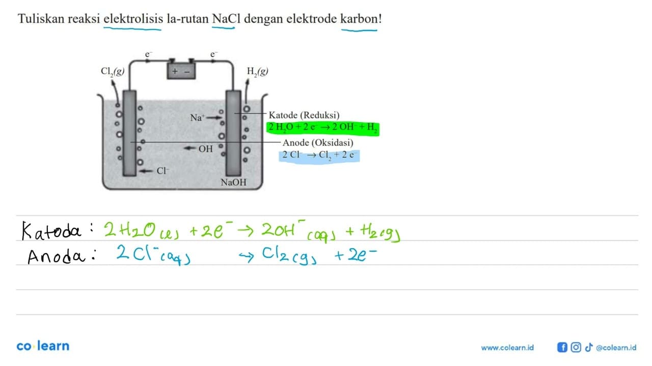 Tuliskan reaksi elektrolisis la-rutan NaCl dengan elektrode