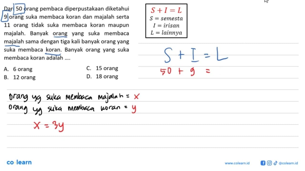 Dari 50 orang pembaca diperpustakaan diketahui 9 orang suka