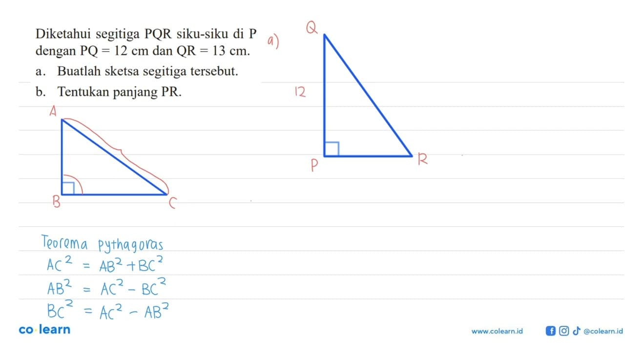 Diketahui segitiga PQR siku-siku di P dengan PQ = 12 cm dan