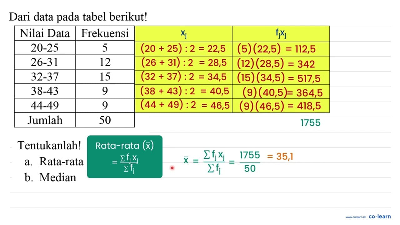 Dari data pada tabel berikut! Nilai Data Frekuensi 20-25 5