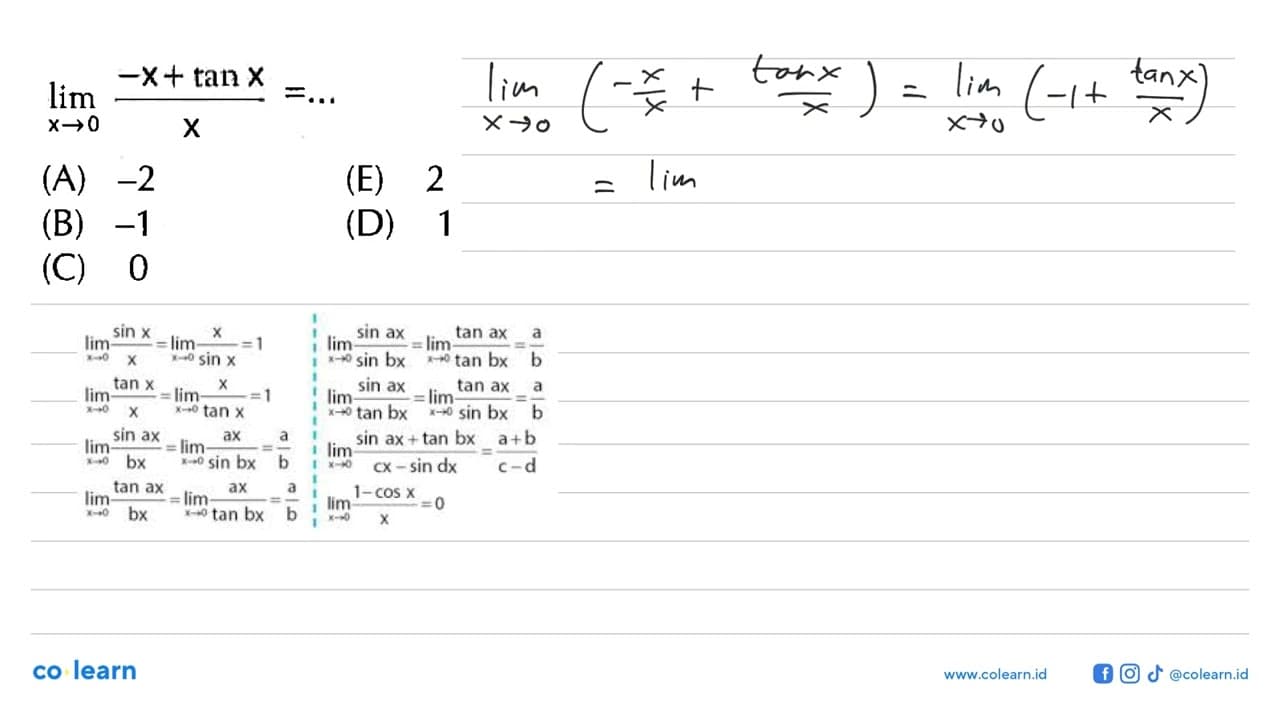 limit x->0 (-x+tan x)/x= ...