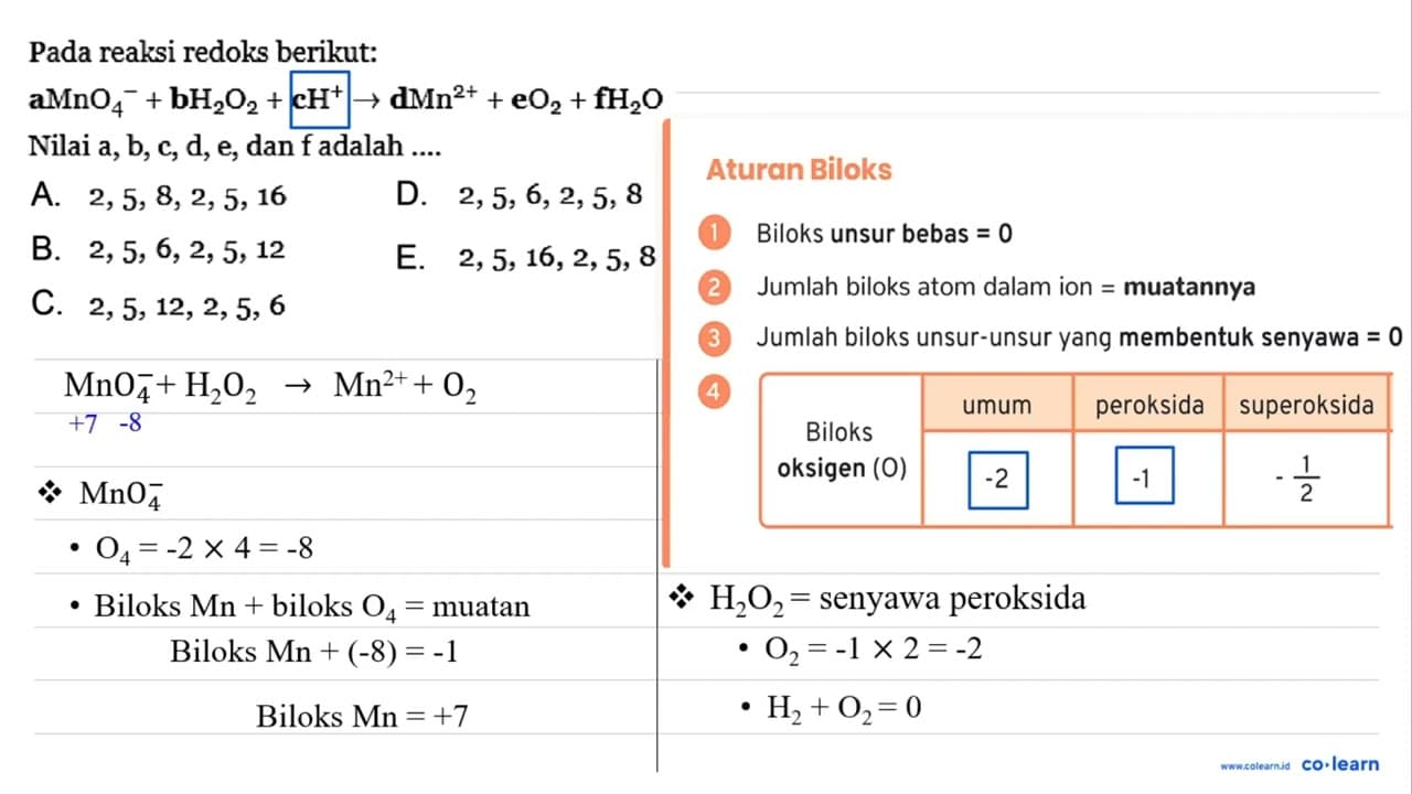 Pada reaksi redoks berikut: a MnO4^- + b H2O2 + c H^+ -> d