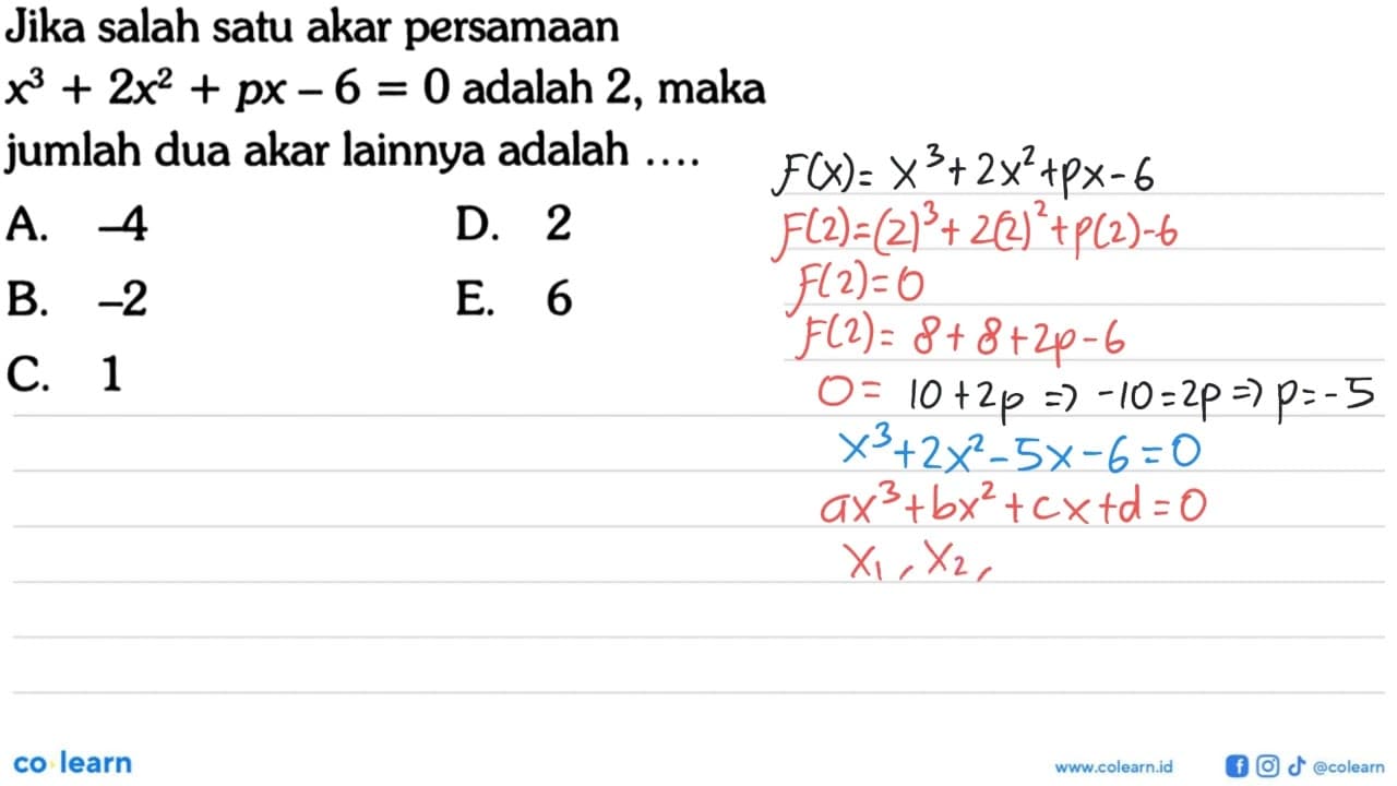 Jika salah satu akar persamaan x^3+2x^2+px-6=0 adalah 2,