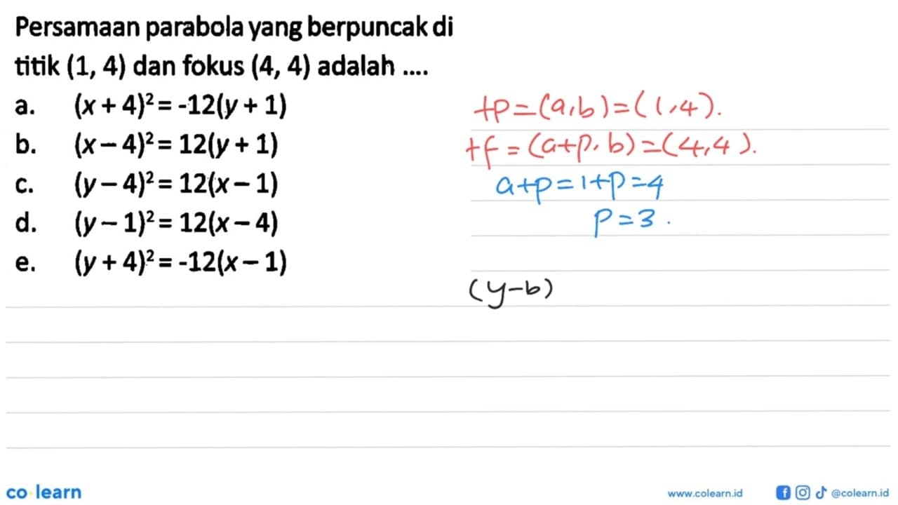 Persamaan parabola yang berpuncak di titik (1, 4) dan fokus