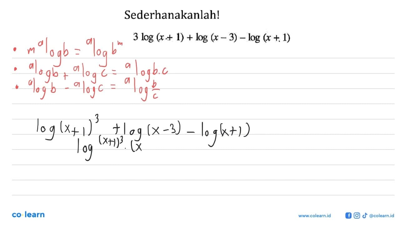 Sederhanakanlah! 3log(x+1)+log(x-3)-log(x+1)