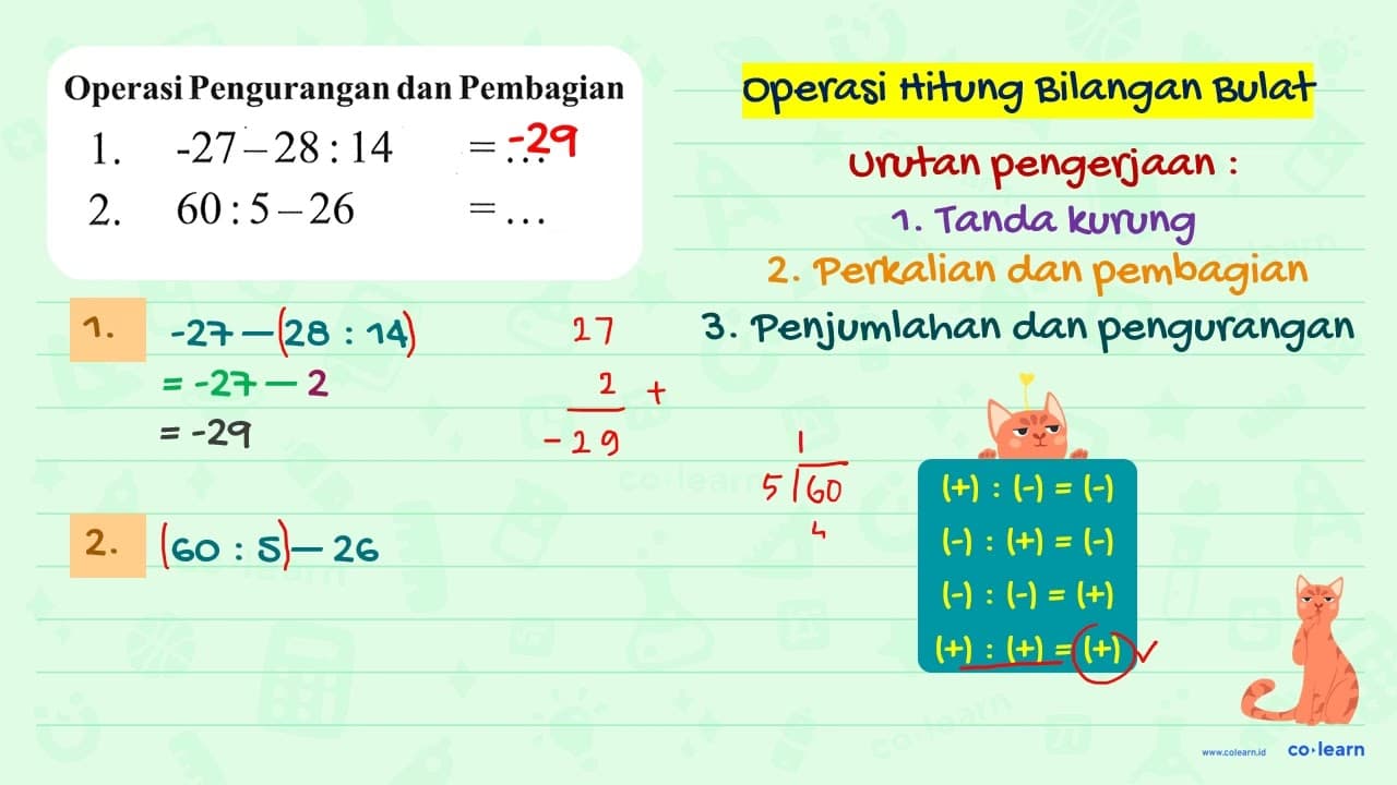 Operasi Pengurangan dan Pembagian 1. -27 - 28 : 14 = ... 2.