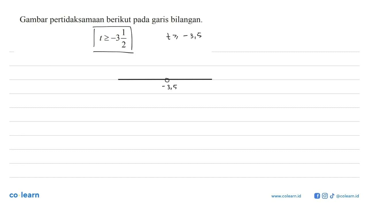 Gambar pertidaksamaan berikut pada garis bilangan. t >= -3