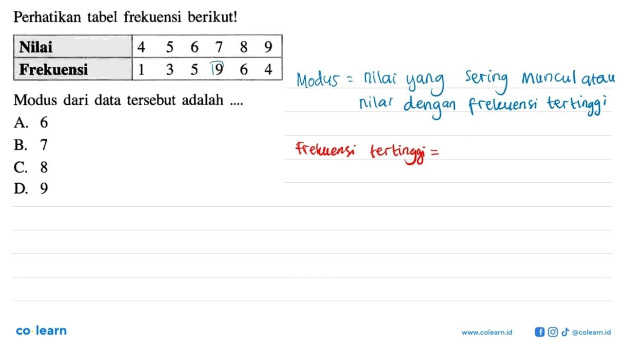 Perhatikan tabel frekuensi berikut! Nilai 4 5 6 7 8 9