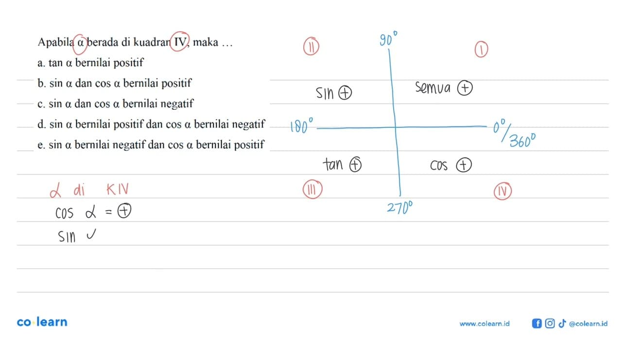 Apabila a berada di kuadran IV, maka ...a. tan a bernilai