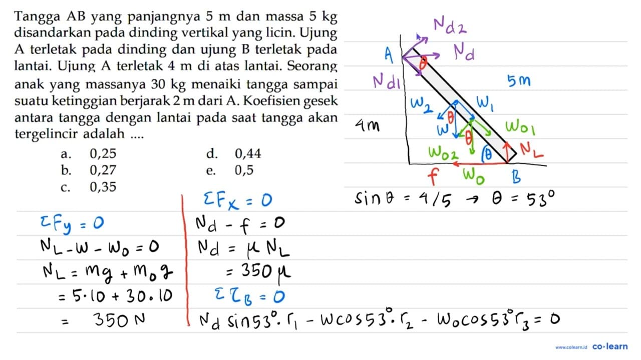 Tangga AB yang panjangnya 5 m dan massa 5 kg disandarkan