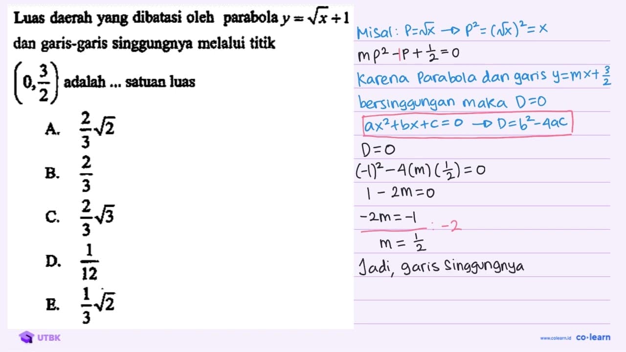 Luas daerah yang dibatasi oleh parabola y=akar(x)+1 dan