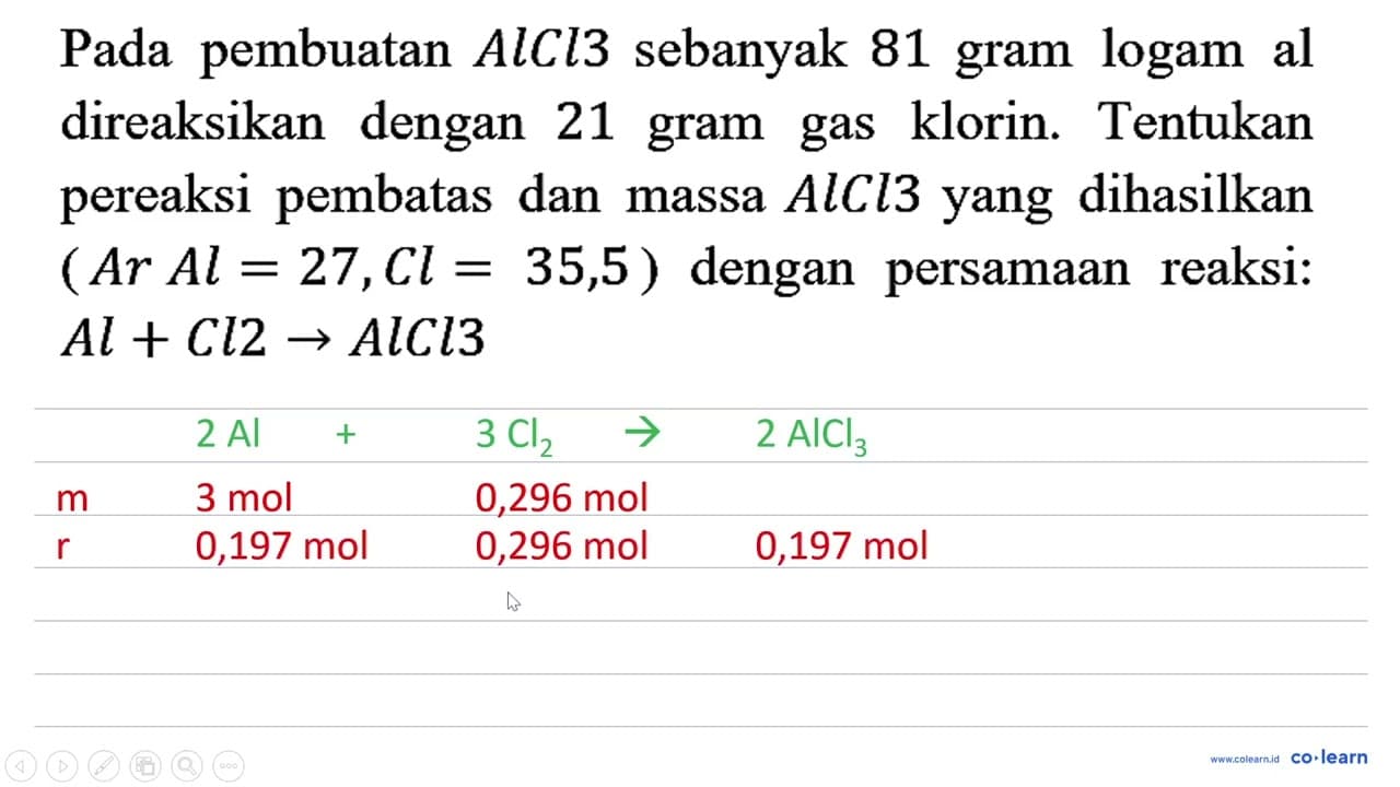 Pada pembuatan AlCl3 sebanyak 81 gram logam al direaksikan