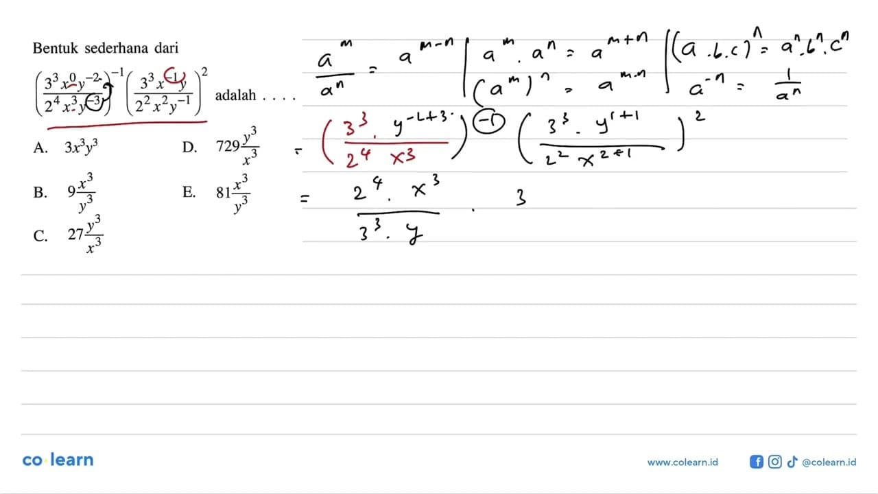 Bentuk sederhana dari ((3^3 x^0 y^-2)/ (2^4 x^3 y^-3))^-1