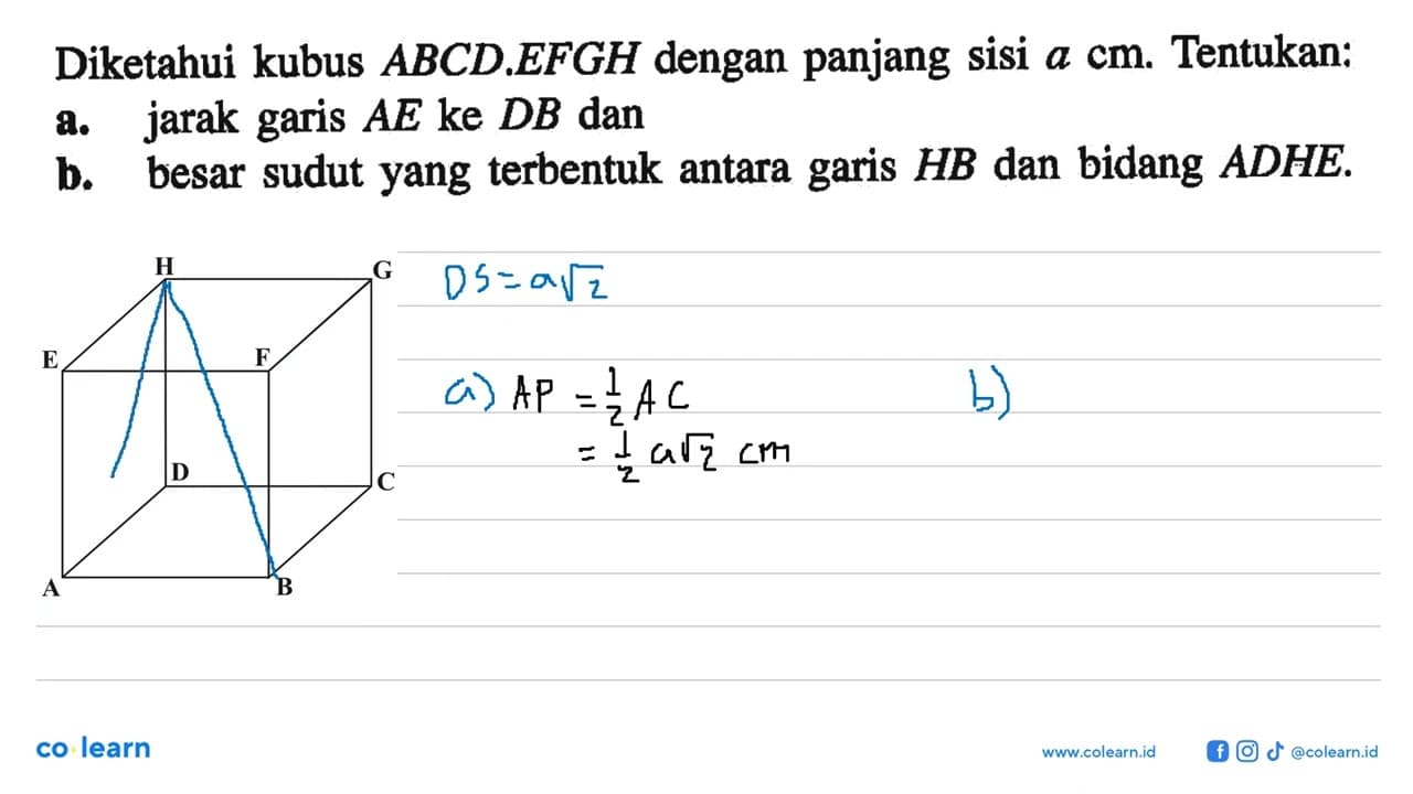 Diketahui kubus ABCD EFGH dengan panjang sisi a cm.