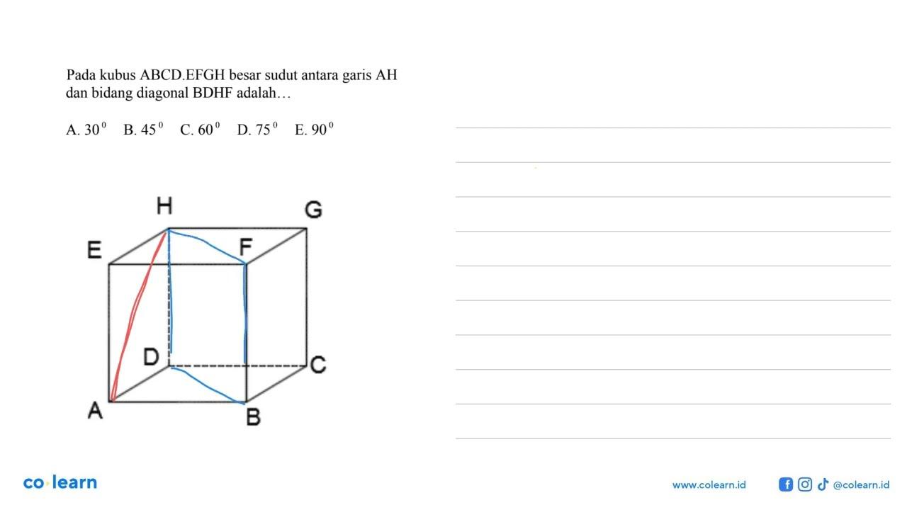 Pada kubus ABCDEFGH besar sudut antara garis AH dan bidang