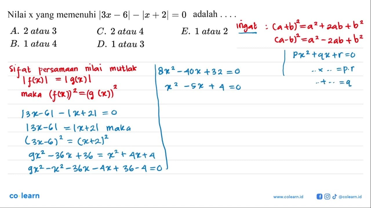 Nilai x yang memenuhi |3x-6|-|x+2|=0 adalah ... .