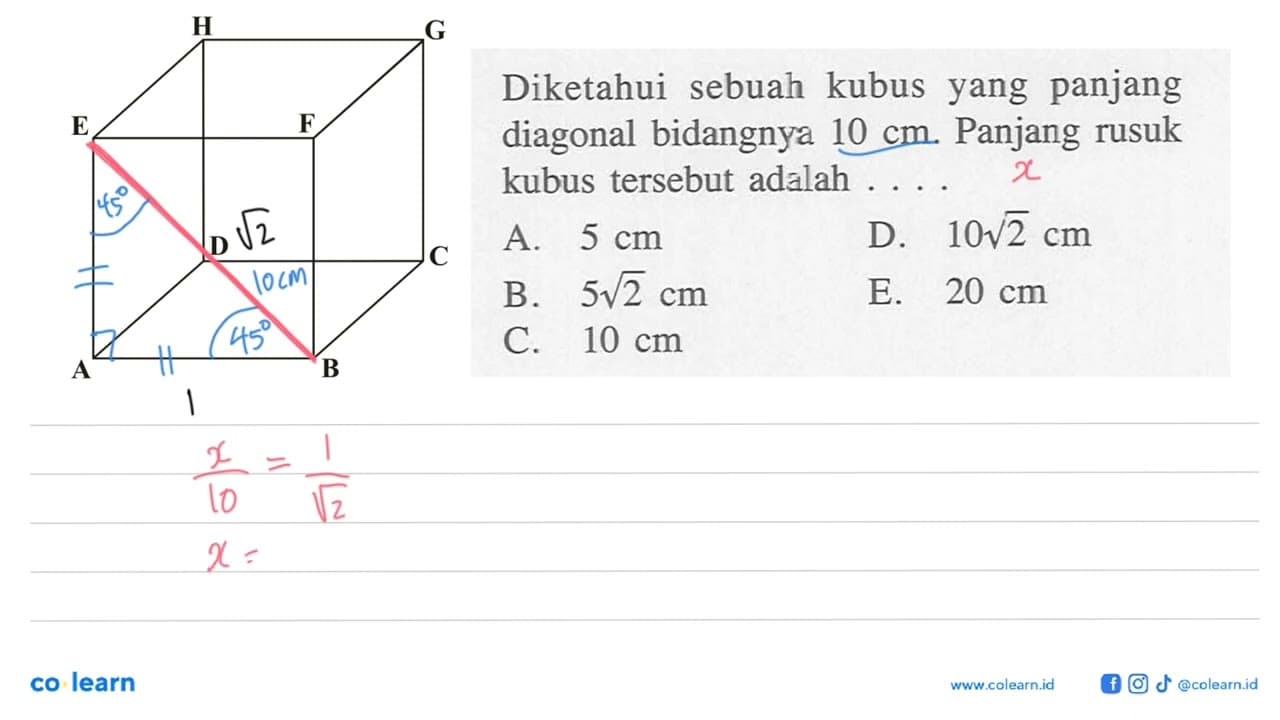 Diketahui sebuah kubus yang panjang diagonal bidangnya 10