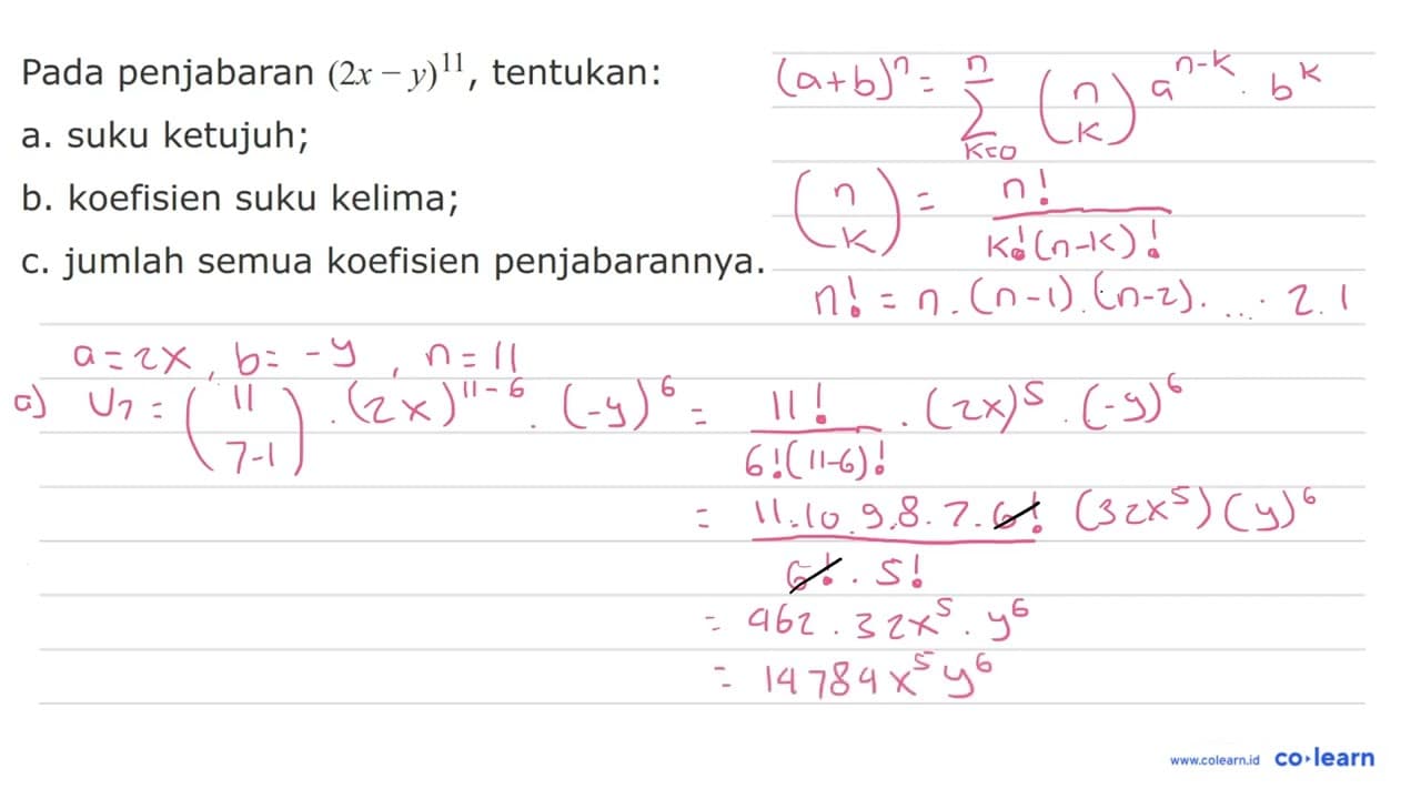Pada penjabaran (2x - y)^11, tentukan: a. suku ketujuh; b.