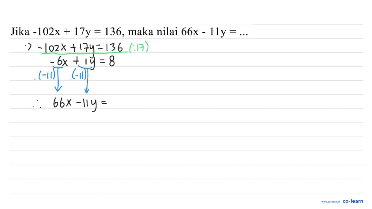 Jika -102x + 17y=136, maka nilai 66x - 11y=...