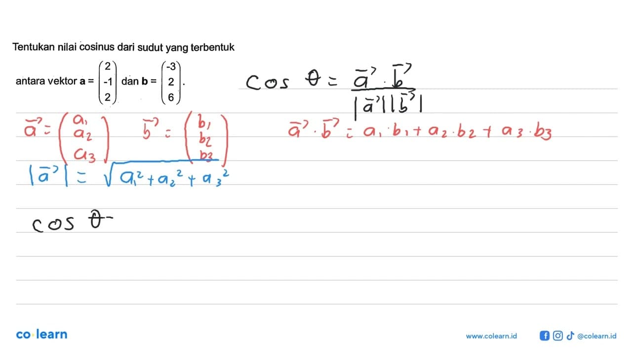 Tentukan nilai cosinus dari sudut yang terbentuk antara