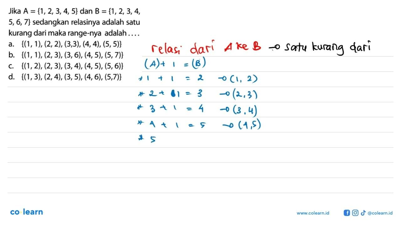 Jika A = {1, 2, 3, 4, 5} dan B = {1, 2, 3, 4, 5, 6, 7}