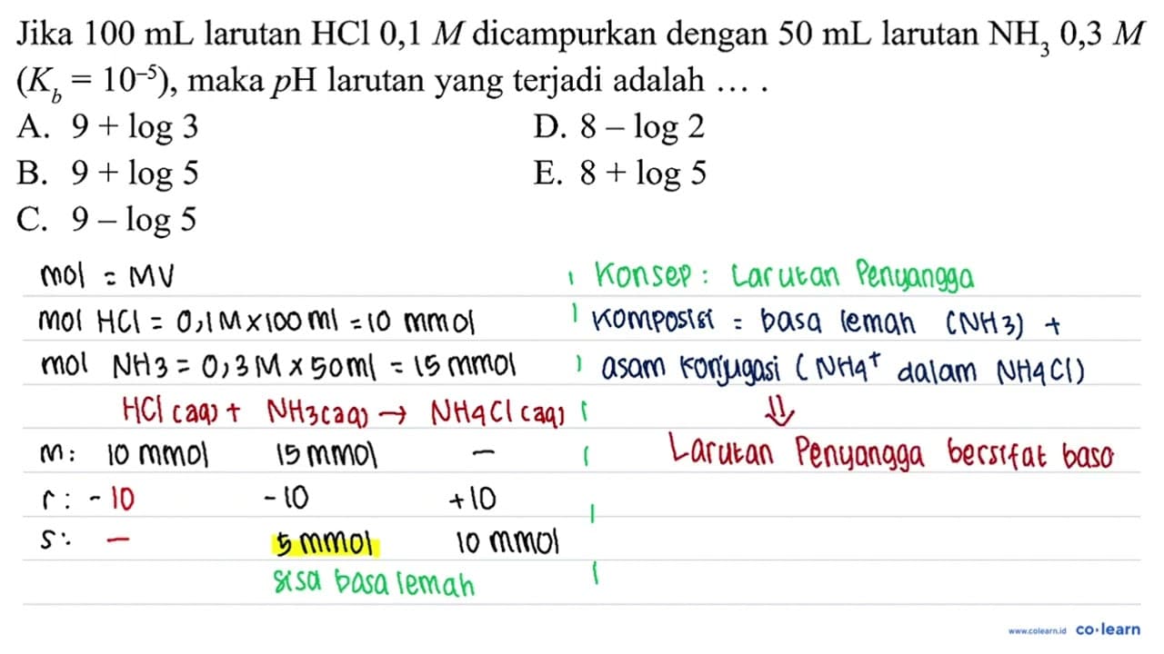100 mL larutan HCl 0,1 M dicampurkan dengan 50 mL larutan