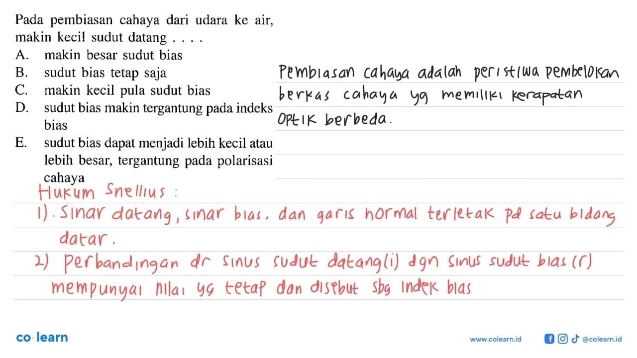 Pada pembiasan cahaya dari udara ke air, makin kecil sudut