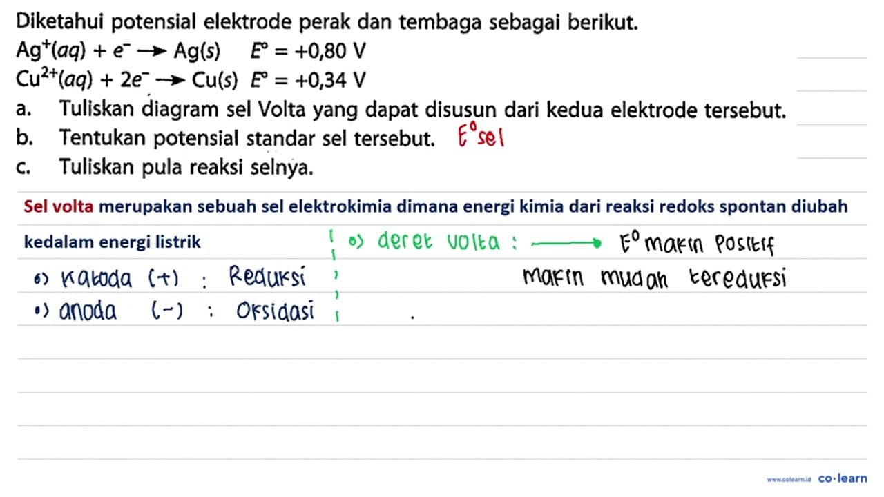 Diketahui potensial elektrode perak dan tembaga sebagai