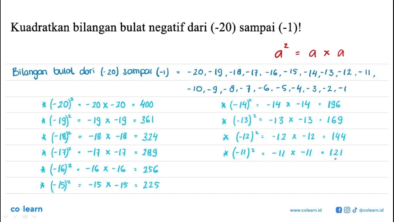 Kuadratkan bilangan bulat negatif dari (-20) sampai (-1)!