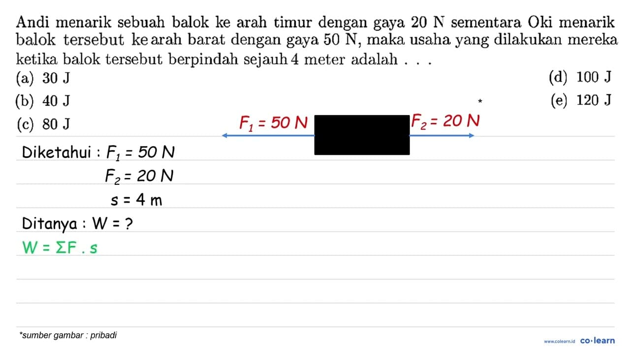 Andi menarik sebuah balok ke arah timur dengan gaya 20 N