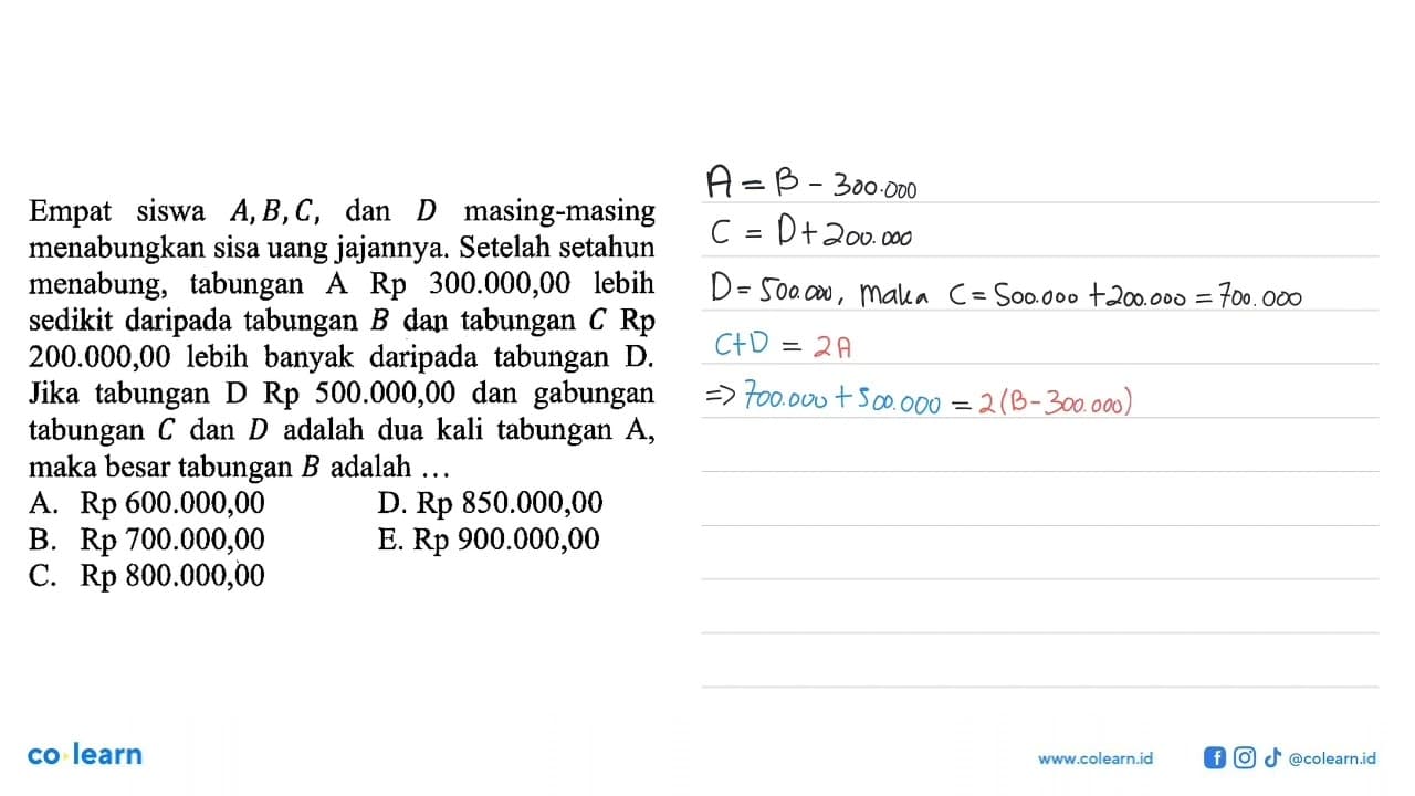 Empat siswa A,B,C, dan D masing-masing menabungkan sisa