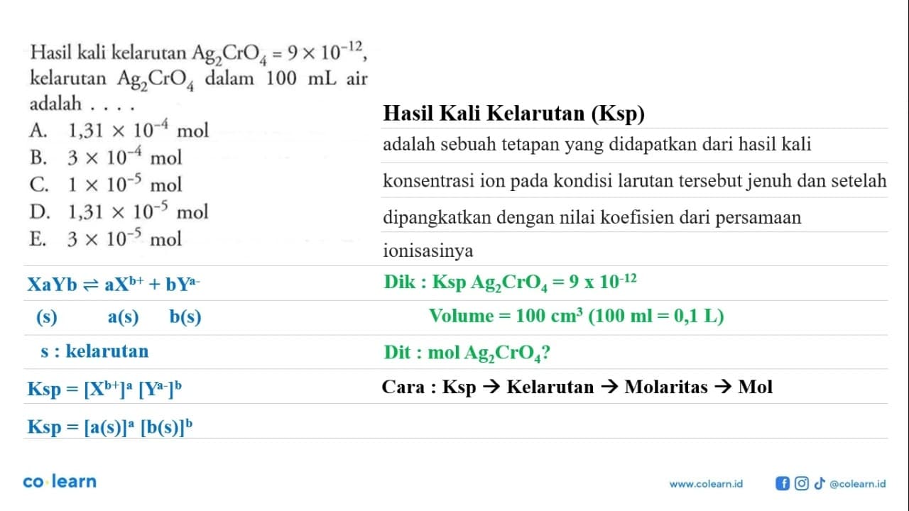 Hasil kali kelarutan Ag2CrO4=9x10^-12, kelarutan Ag2CrO4