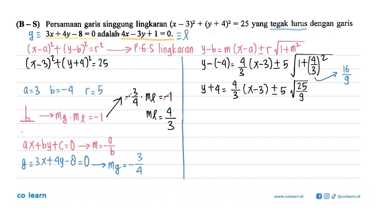 (B-S) Persamaan garis singgung lingkaran (x-3)^2+(y+4)^2=25