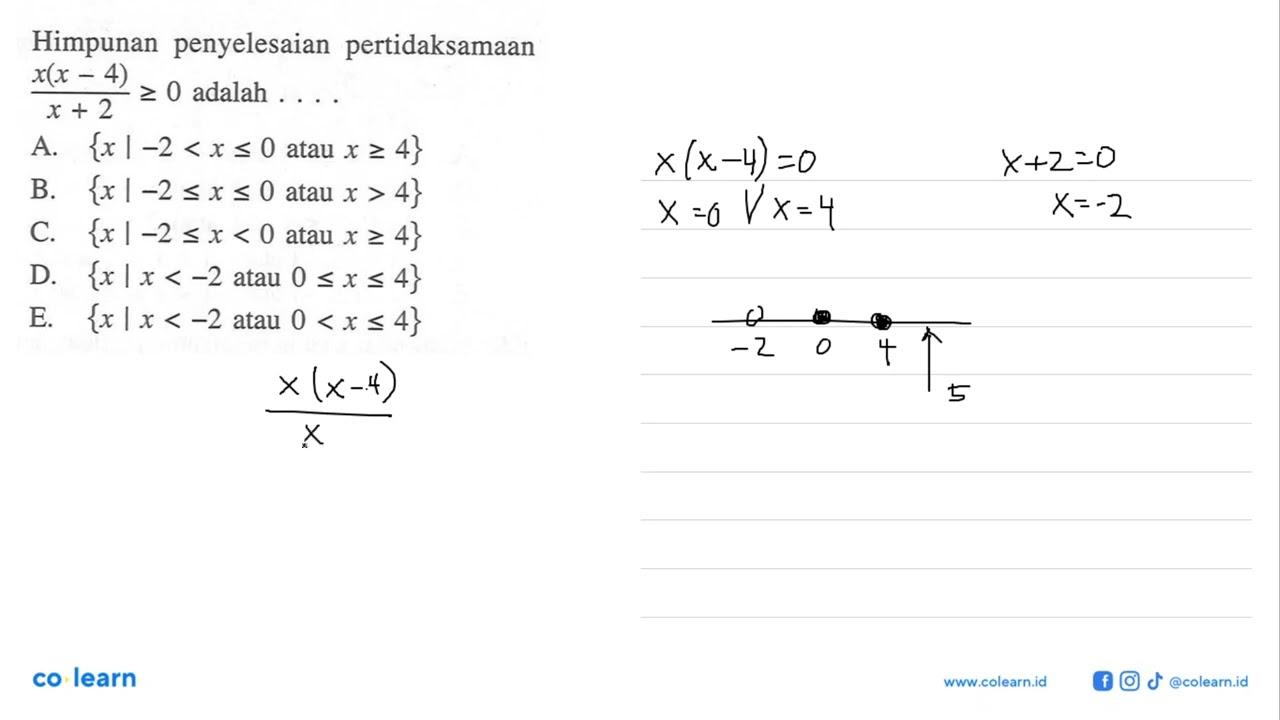 Himpunan penyelesaian pertidaksamaan (x(x-4))/(x+2)>=0