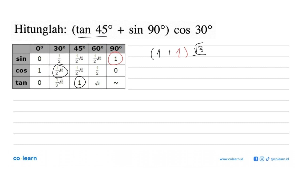 Hitunglah: (tan 45+sin 90) cos 30