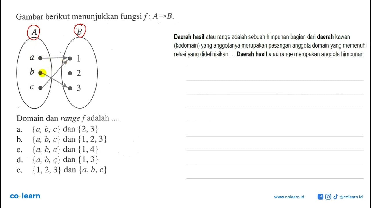 Gambar berikut menunjukkan fungsi f: A->B. A a b c B 1 2 3