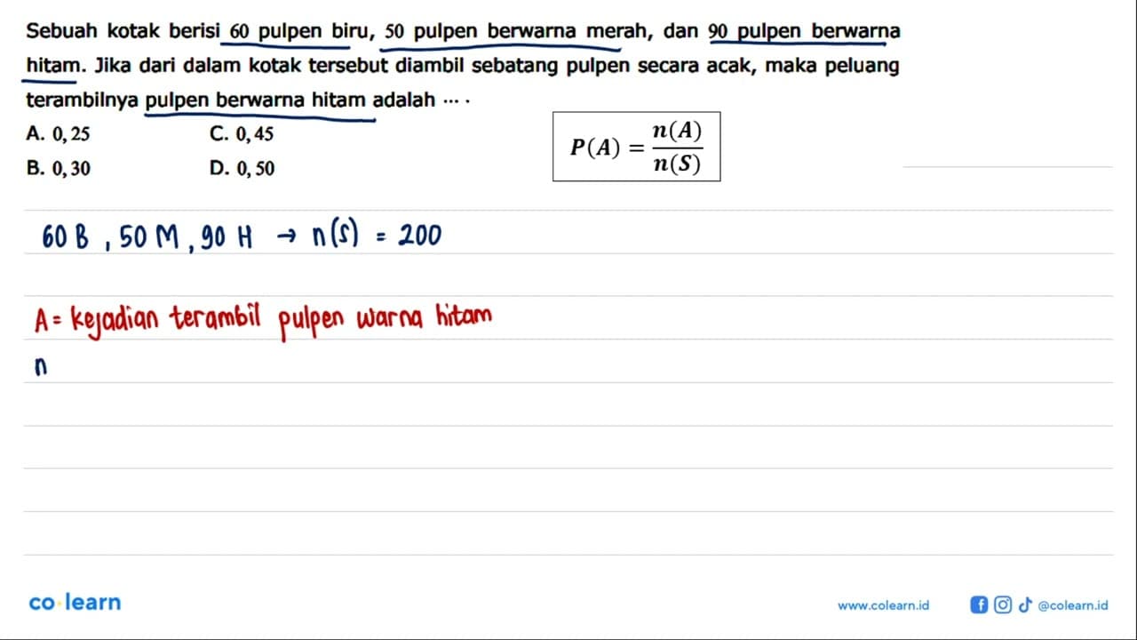 Sebuah kotak berisi 60 pulpen biru, 50 pulpen berwarna