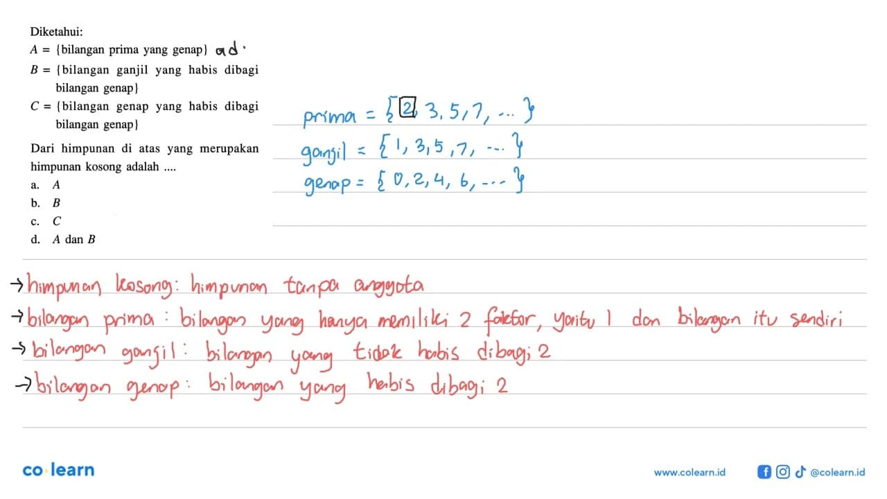 Diketahui: A = {bilangan prima yang genap} B = {bilangan