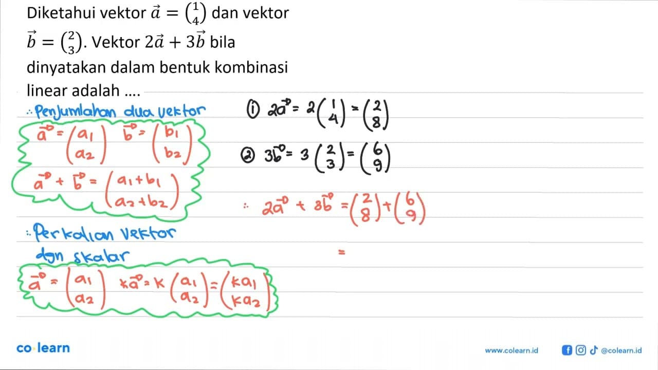 Diketahui vektor a=(1 4) dan vektor b=(2 3). Vektor 2a+3b