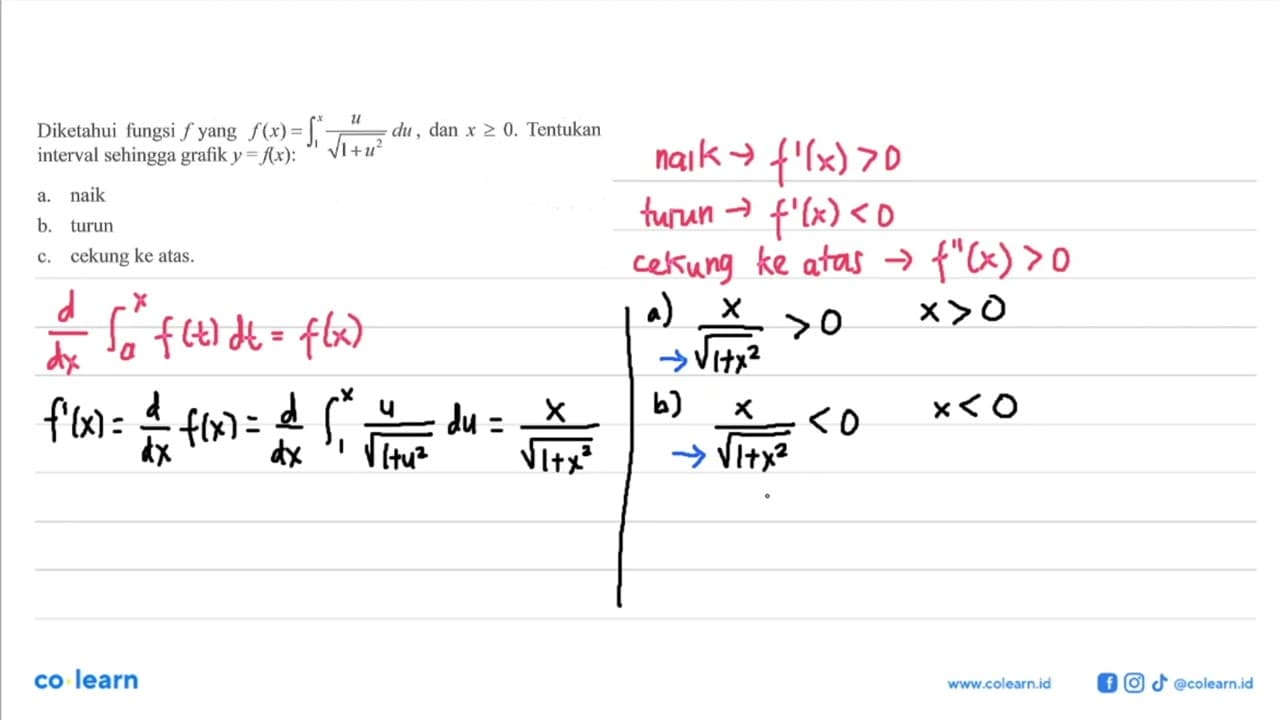 Diketahui fungsi f yang f(x) = integral 1 x u/(akar(1+u^2))