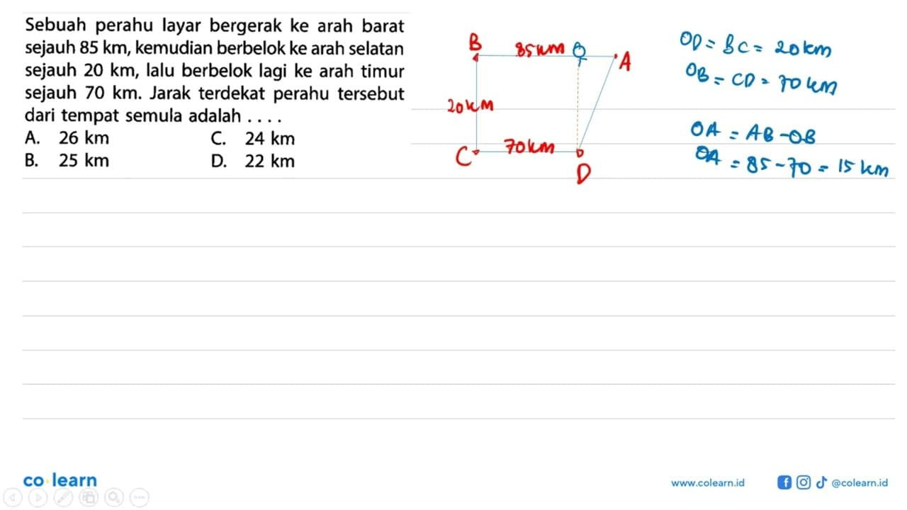 Sebuah perahu layar bergerak ke arah barat sejauh 85 km ,