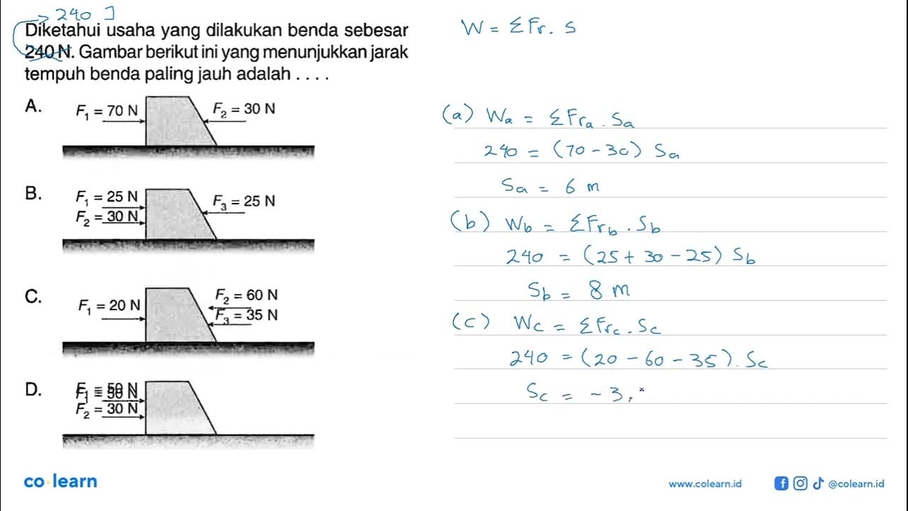 Diketahui usaha yang dilakukan benda sebesar 240 N. Gambar