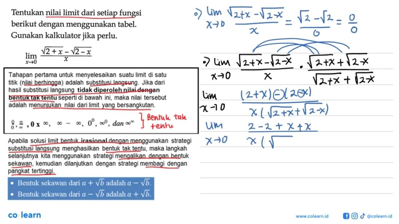 Tentukan nilai limit dari setiap fungsi berikut dengan