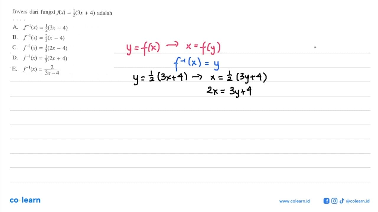 Invers dari fungsi f(x)=1/2(3x+4) adalah