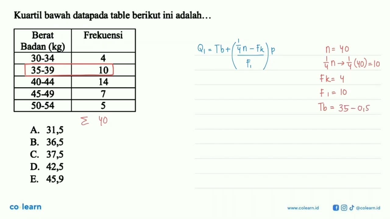 Kuartil bawah datapada table berikut ini adalah... Berat