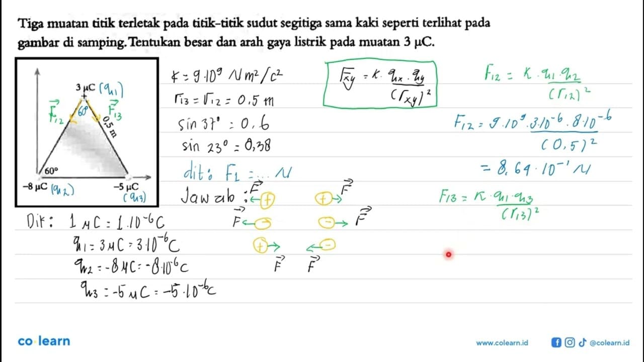 Tiga muatan titik terletak pada titik-titik sudut segitiga