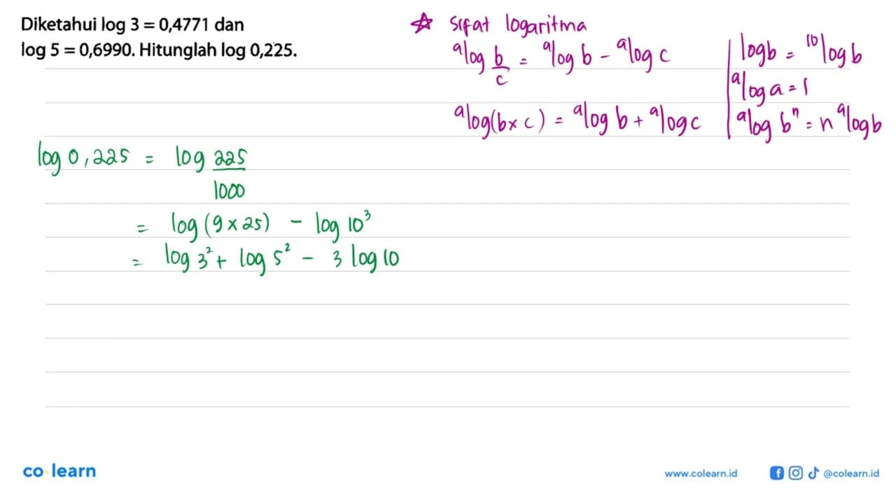 Diketahui log3=0,4771 dan log5=0,6990. Hitunglah log0,225.